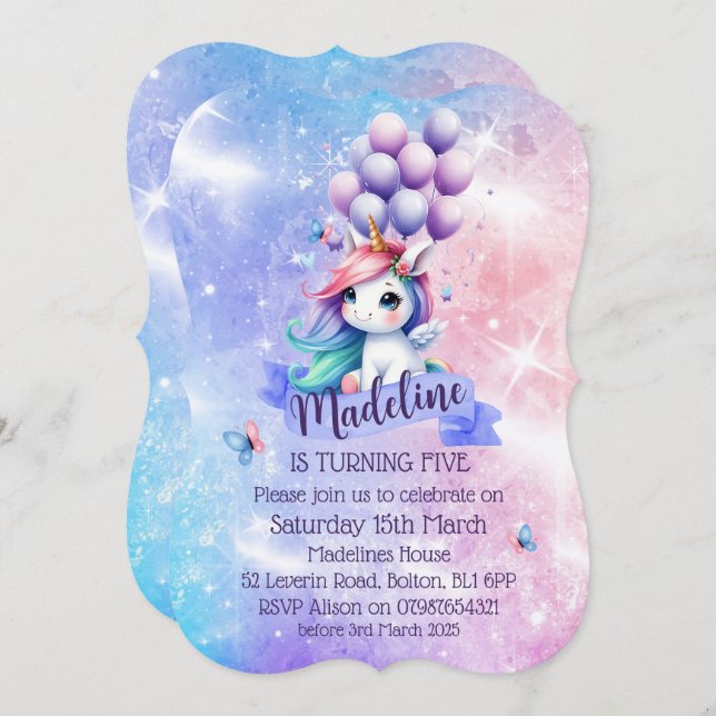 Convite Belo Unicórnio com Concursos Temáticos de Balões (Frente/Verso)