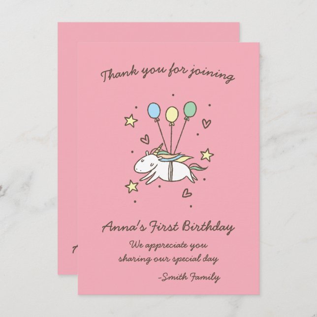 Convite Belo Unicórnio em Laurels. Aniversário. Obrigado. (Frente/Verso)