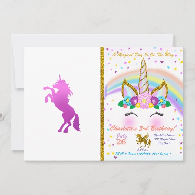 Convite Belo unicórnio - Escolher cor de fundo (Frente)