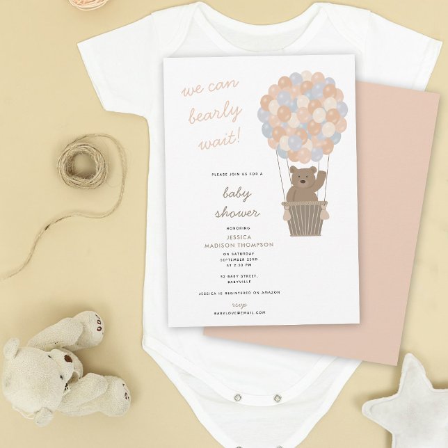 Convite Belo Urso Ar Quente Balões de Ar Quente Chá de fra (Cute Bear Hot Air Balloons Baby Girl Baby Shower Invitation)
