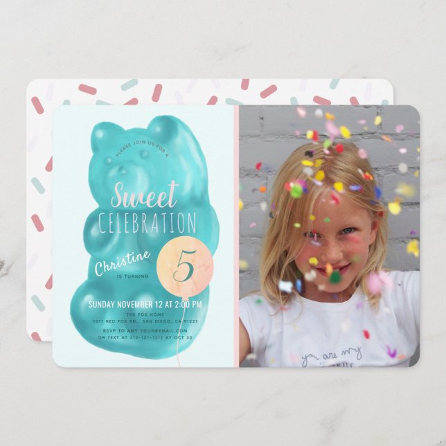 Convite Belo Urso Azul, Docinho, Foto de Aniversário (Frente/Verso)
