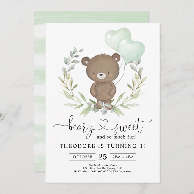 Convite Belo Urso de Bico Bravo Balões de Verde (Frente/Verso)