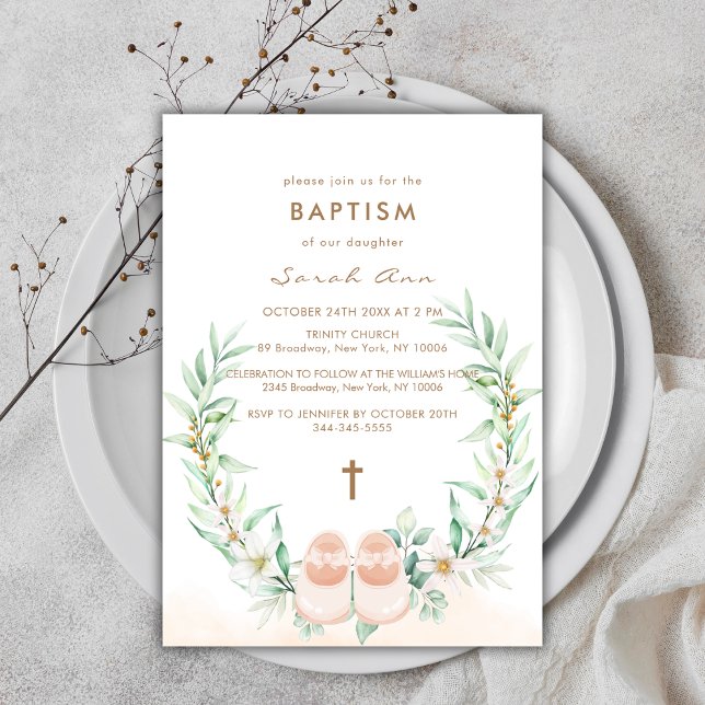 Convite Belo Verde Eucalyptus Dourado Cruz Rapariga Batism (Cute Greenery Eucalyptus Gold Cross Girl Baptism Invitation)