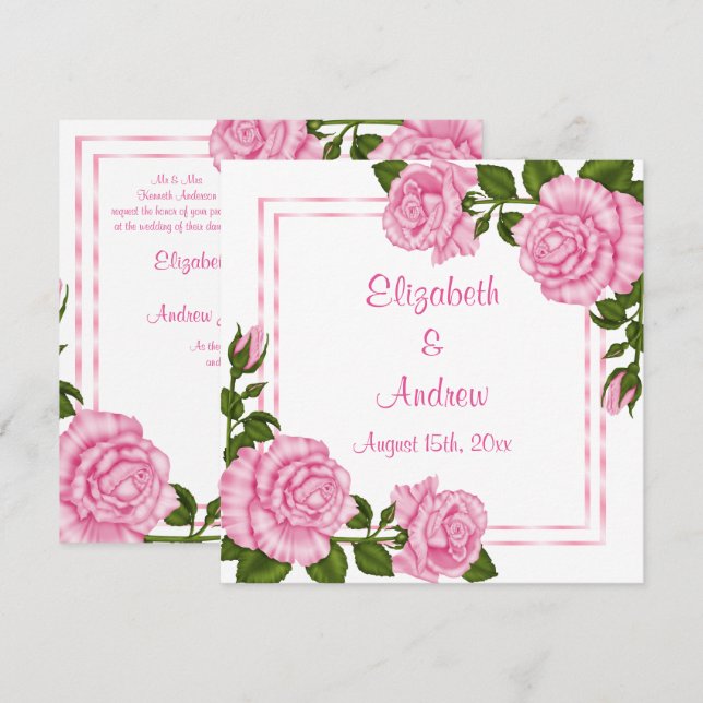 Convite Belos Ramos de Canto Rosa Casamento (Frente/Verso)