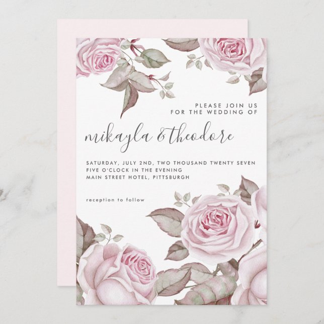 Convite Belos Rosas de Aquarela Rosa (Frente/Verso)