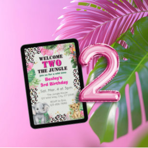 Convite Bem-vindo DOIS Aniversário de 2 anos Jungle Pink
