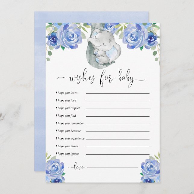 Convite Bem-vindos ao bebê elefante floral azul (Frente/Verso)
