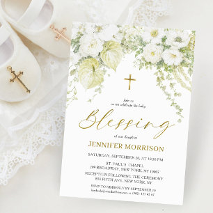 Convite Bênção Cristã de Bebê com Floral Branco e Cruz Dou