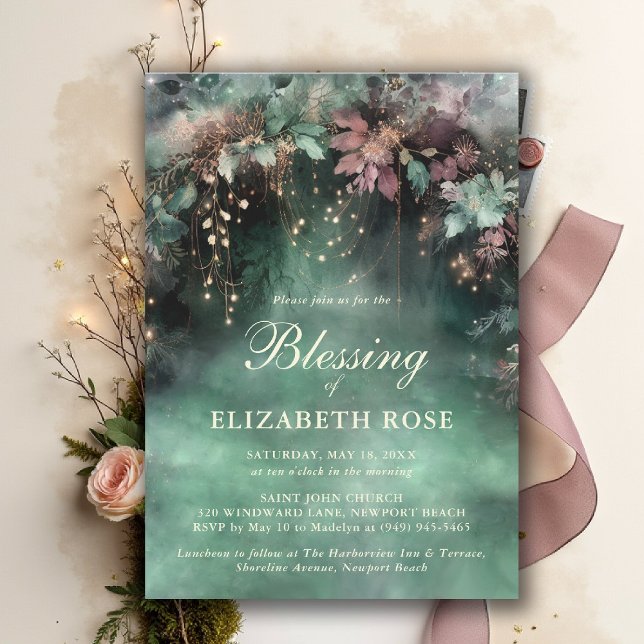 Convite Bênção do Batismo Floresta Encantada Jardim Botâni (baptism invitation christening enchanted forest garden botanical greenery emerald gold purple)