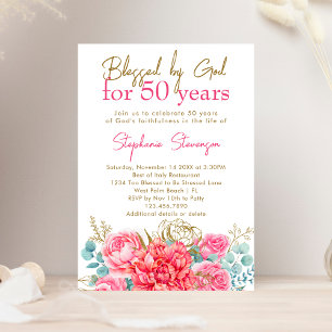 Convite Bendita por Deus Floral Rosa Cristã 50º Aniversári