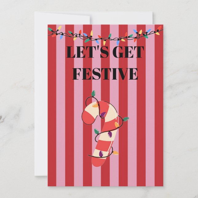 Convite Bengala de Natal com listras rosa e vermelha (Frente)