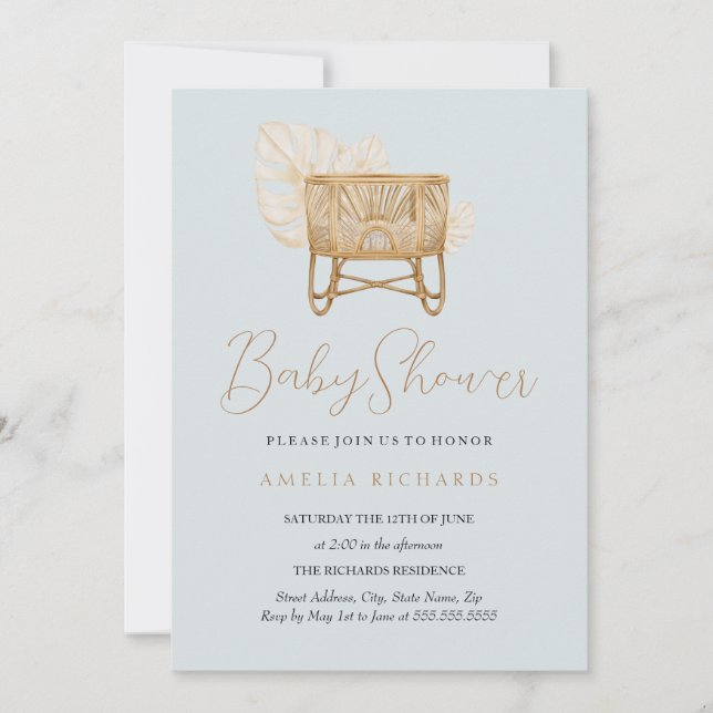 Convite Berço de Bebê Azul Boho Baby Shower (Frente)
