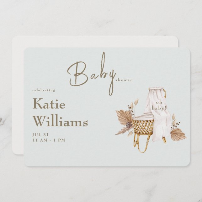 Convite Bérço de Bebê Light Sage Boho Chá de Bebê  (Frente/Verso)