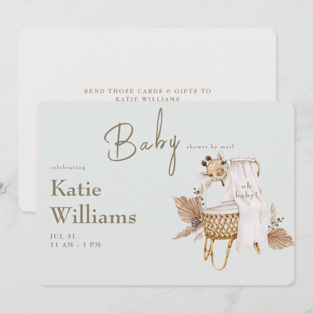 Convite Berde Clara Chuveiro de Bebê Berço Girafa Virtual (Frente/Verso)