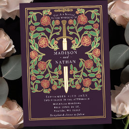 Convite Berinjela Espada Floral Fantasia Medieval Casament