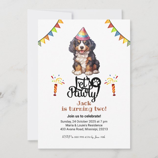 Convite Bernese Mountain Dog Hat Vamos Pawty Aniversário (Frente)