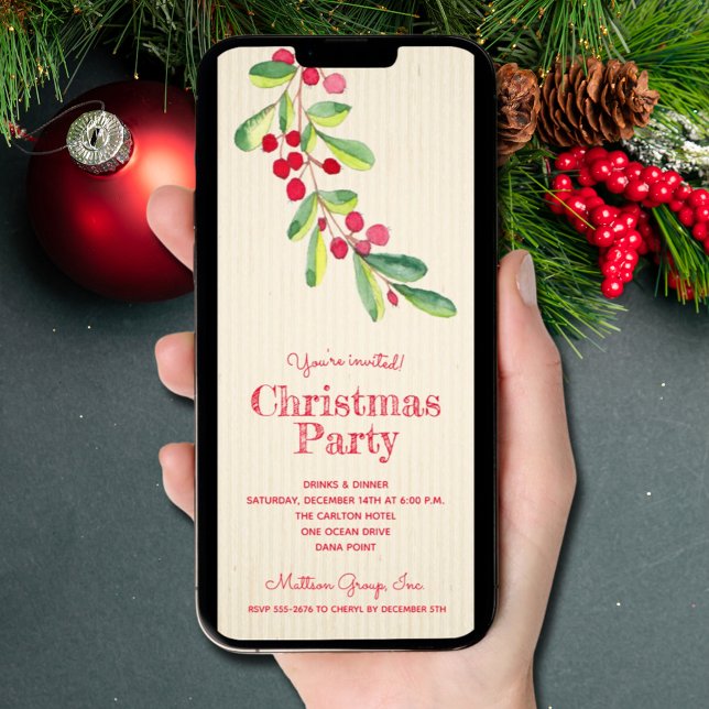 Convite Berries de Aquarelas e Folhas de Natal (Watercolor Berries and Leaves Christmas Invitations - INSTANT DOWNLOAD and/or PRINTED)