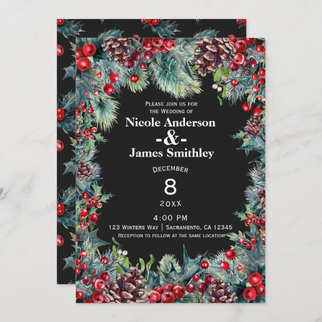 Convite Berries de férias de Casamento no inverno escuro e (Frente/Verso)