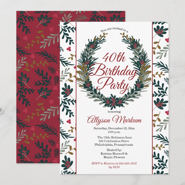 Convite Berries de férias| Pine Wreath aniversário de 40 a (Frente/Verso)