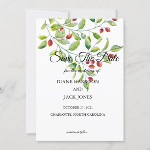Convite Berries Rosa e Folhagem Verde Salvem a Data