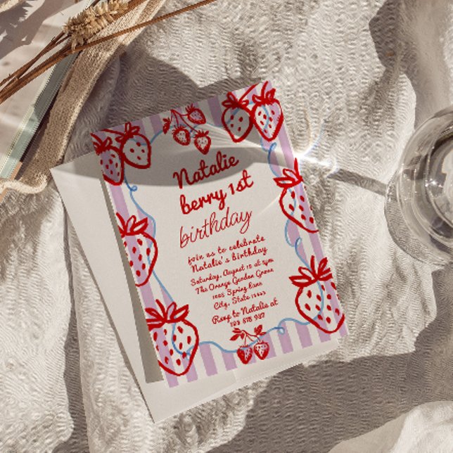 Convite Berry 1rua Desenhou a Garota de Morango Divertida  (Criador carregado)