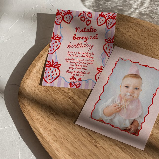 Convite Berry 1rua Desenhou Foto de Morango Foto Aniversár (Criador carregado)