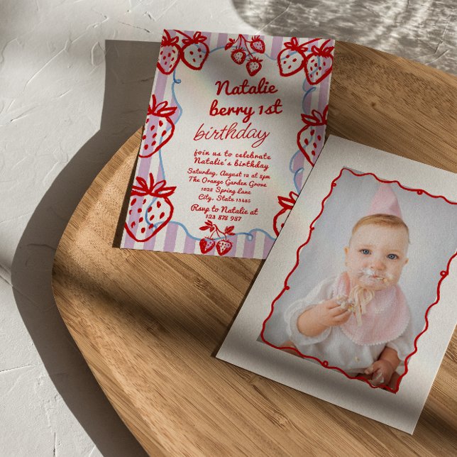 Convite Berry 1rua Desenhou Foto de Morango Foto Aniversár (Criador carregado)