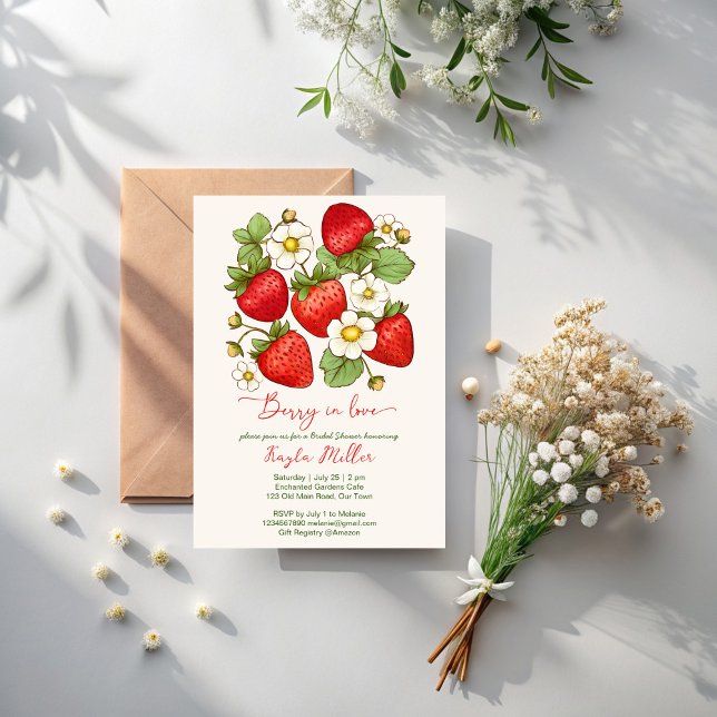 Convite Berry apaixonado por chá de panela de morango (Berry in love summer fruit strawberry bridal shower invitation template instant download)
