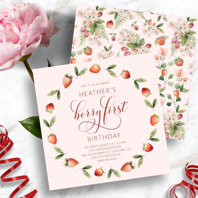 Convite Berry Birthday rosa (Pink Berry First Birthday Invitation with Strawberries by Painted Paperie
)