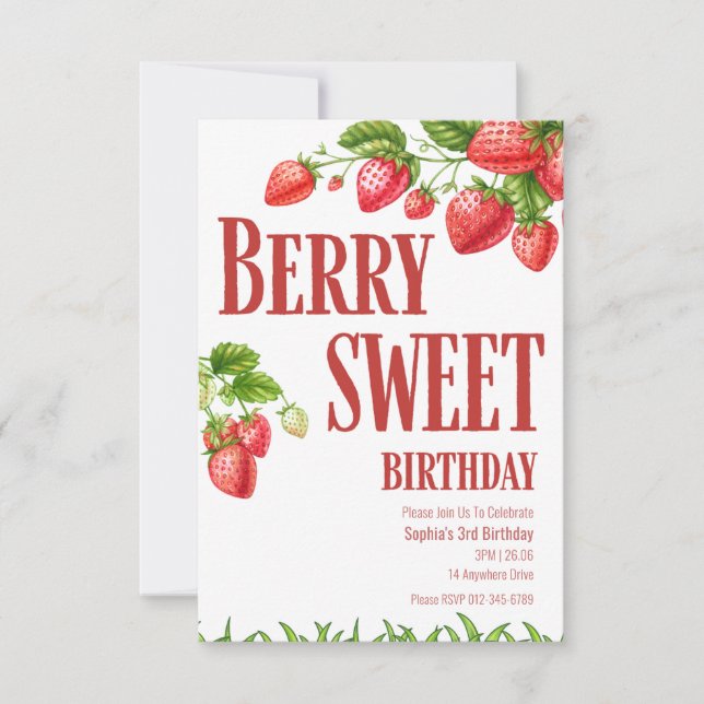 Convite Berry Birthday Strawberry (Frente)