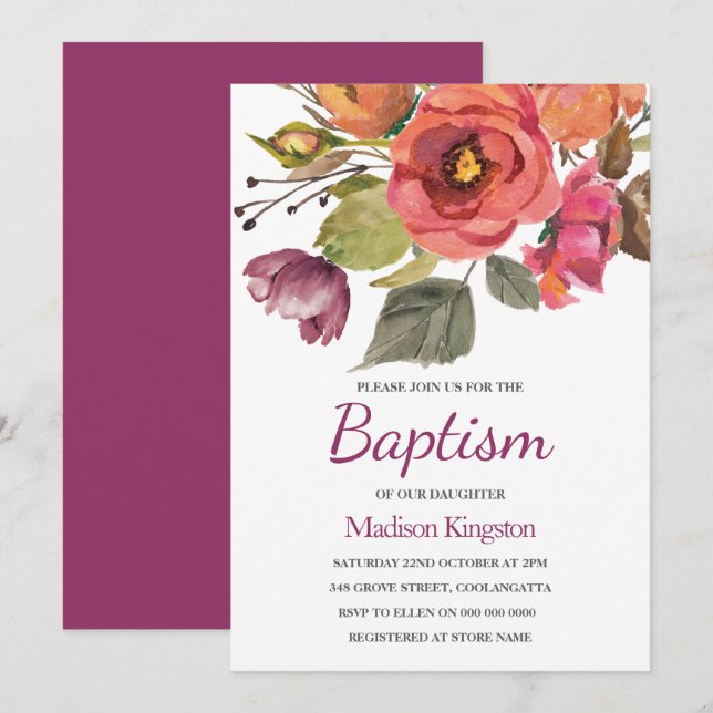 Convite Berry Bliss Flowers Baptism Convidam (Frente/Verso)