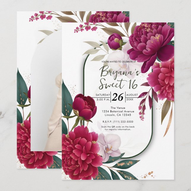Convite Berry Bloom Garden Floral Glam Sweet 16 (Frente/Verso)