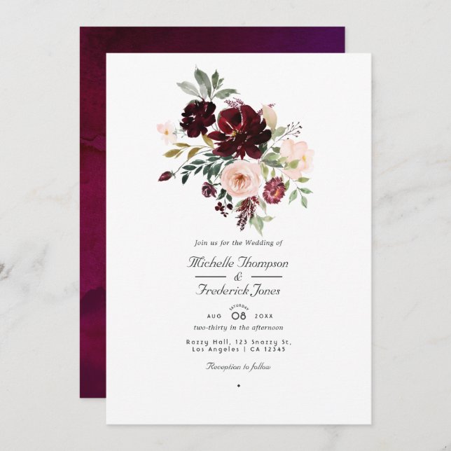 Convite Berry & Blush Floral Código QR RSVP Casamento (Frente/Verso)