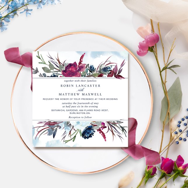 Convite Berry Burgundy e Blue Floral Square Wedding Inv (Criador carregado)