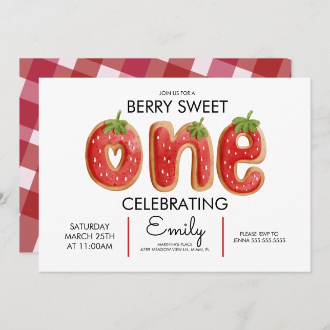 Convite Berry Cookies Uma Festa de aniversário Rosa Xadrez (Frente/Verso)