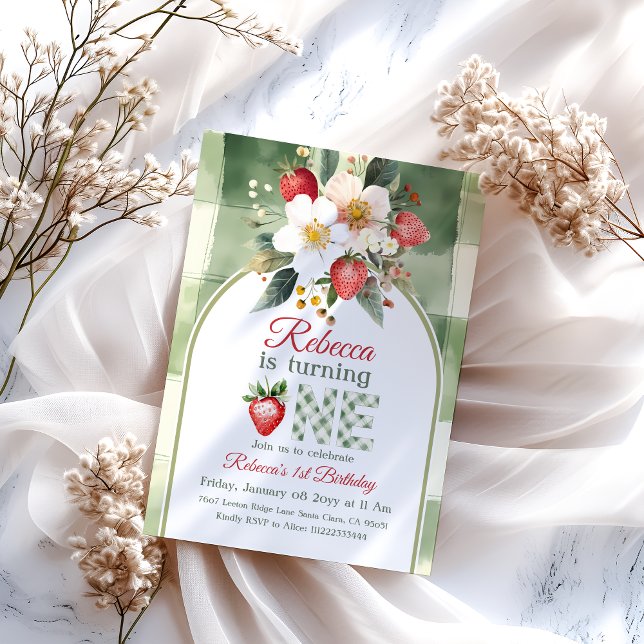 Convite Berry de Morango Vermelho Russo Verde Primeiro Ani (Criador carregado)