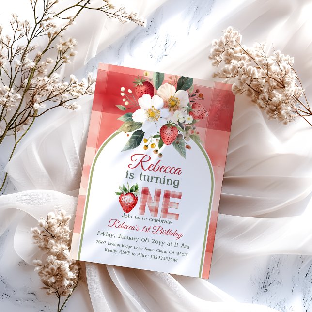 Convite Berry de Morango Vermelho Verde Primeiro Aniversár (Criador carregado)