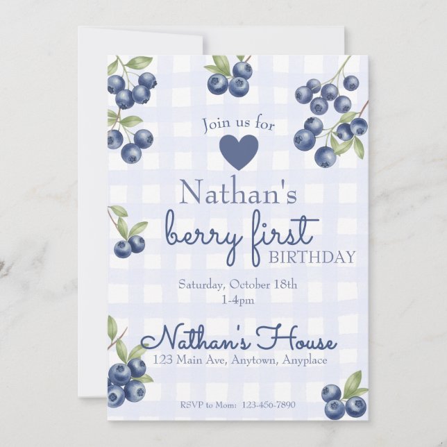 Convite Berry First 1st Birthday Blueberry Gingham (Frente)