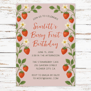 Convite Berry First Birthday Cute Strawberry Floral Rosa