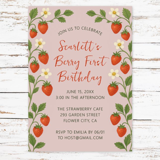 Convite Berry First Birthday Cute Strawberry Floral Rosa (Criador carregado)