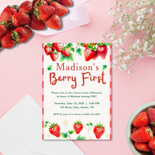 Convite Berry First Birthday - Festa de rua Strawberry 1 (Sweeten your celebration with this adorable “Berry First Birthday” invitation!)