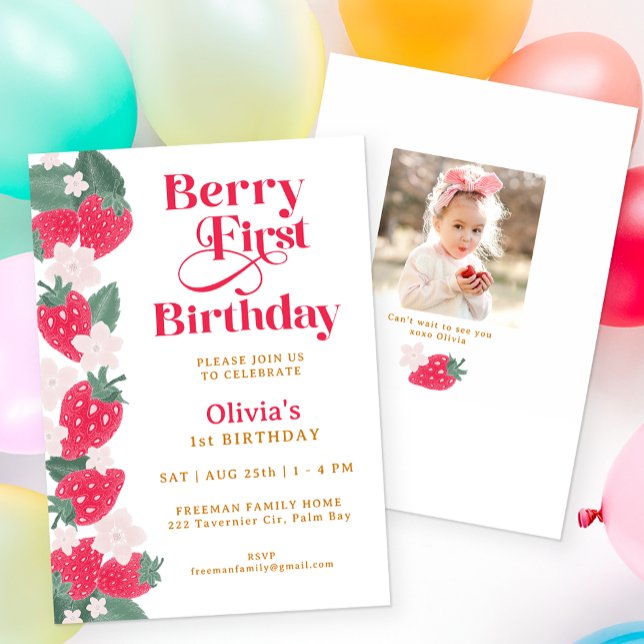 Convite Berry First Birthday Girl Strawberry (Berry First Birthday Party Invitation)
