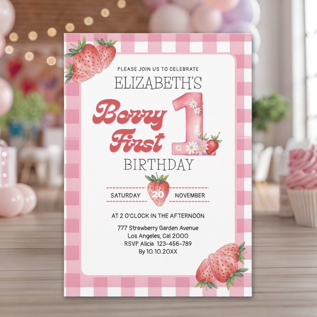Convite "Berry First Birthday Girl with Strawberry Theme (Criador carregado)