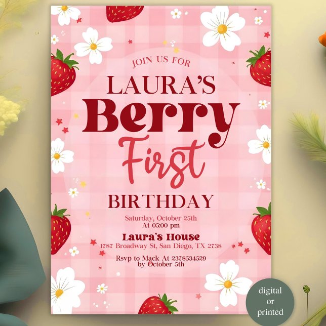 Convite Berry First Birthday Invitation, Editável 1rua Bir (Criador carregado)