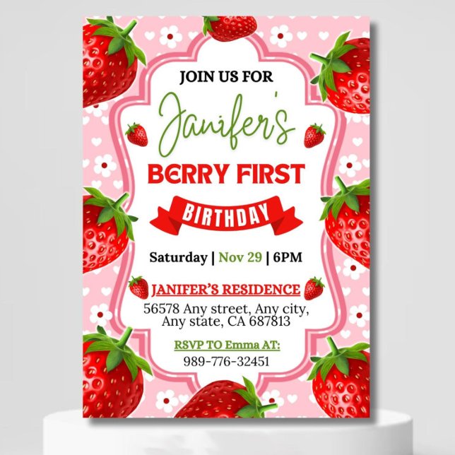 Convite Berry First Birthday Invitation, Editável 1rua Bir (Criador carregado)