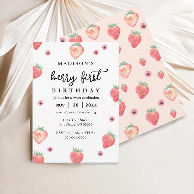 Convite Berry First Birthday Na moda Pink Strawberry (Criador carregado)