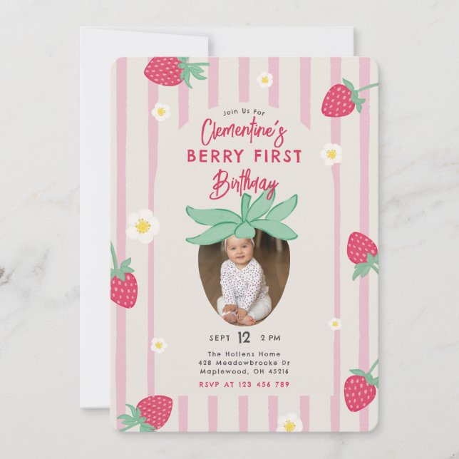 Convite Berry First Birthday Party Invitation with Photo (Frente)