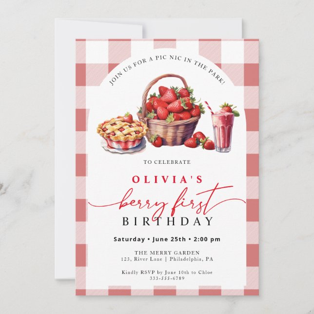 Convite Berry First Birthday picnic gingham (Frente)