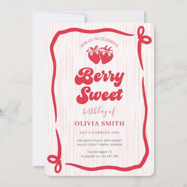 Convite Berry First Birthday Pink Bow 1st Birthday (Frente)