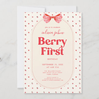 Convite Berry First Birthday Pink Bow Strawberry